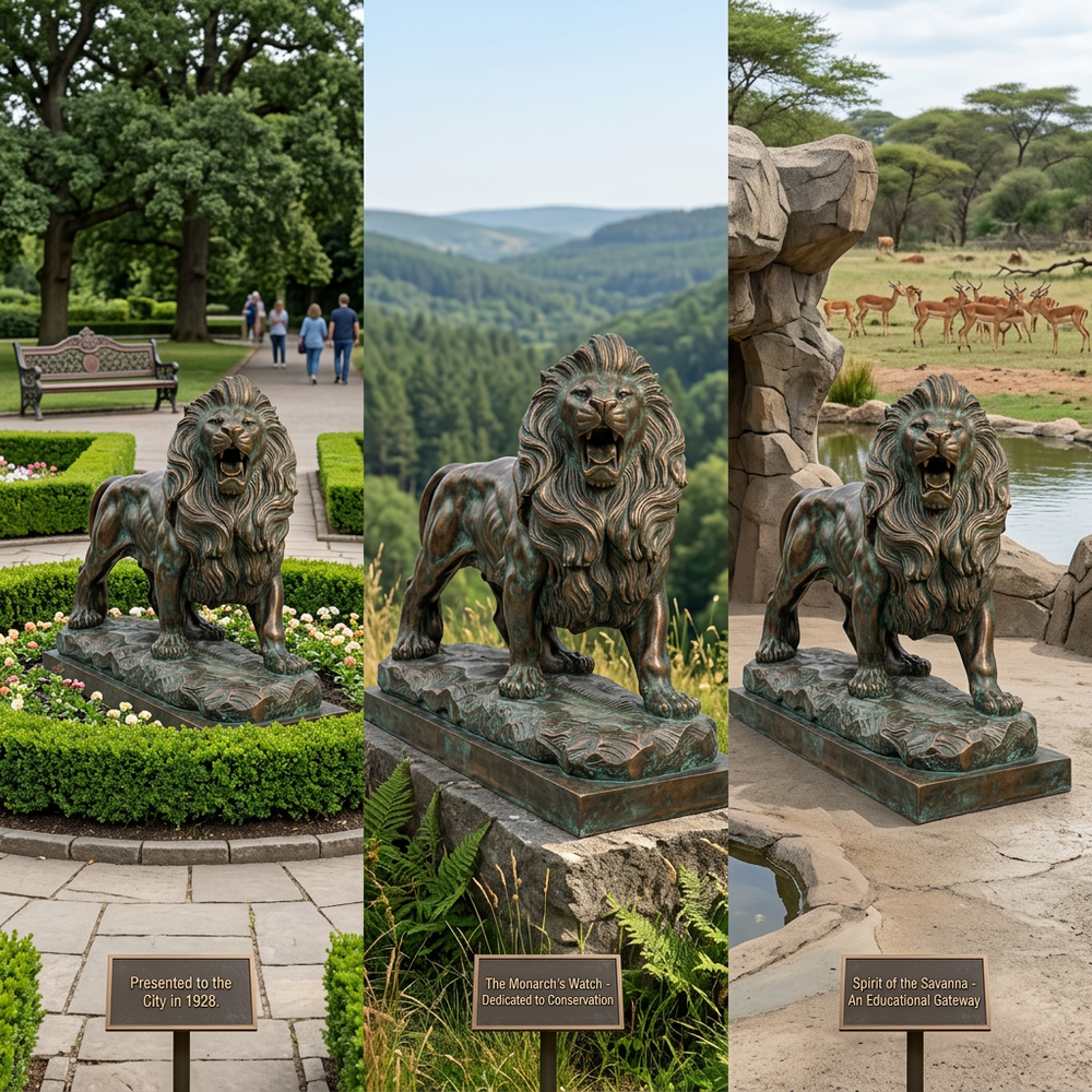 Three bronze lion statues in different outdoor settings with descriptive plaques.