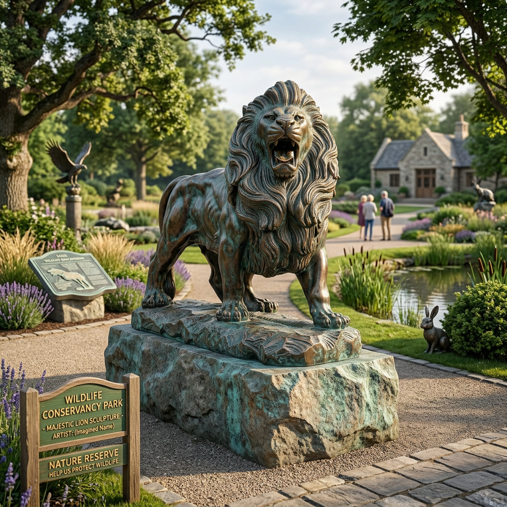 Bronze lion statue in a park with a sign indicating Wildlife Conservancy Park.