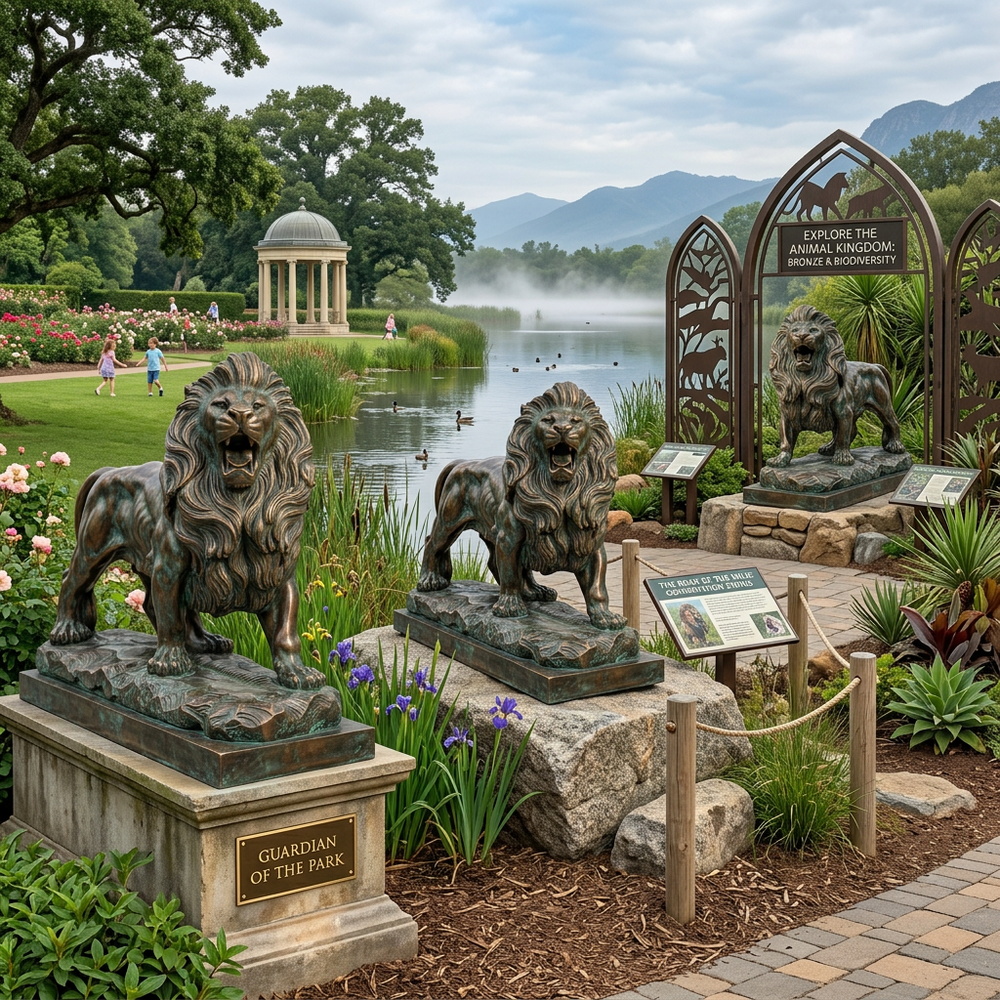 Bronze lion statues in a park setting with a lake and mountains in the background.