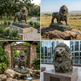Collage of lion statues in various settings including a garden, savannah, and urban area.