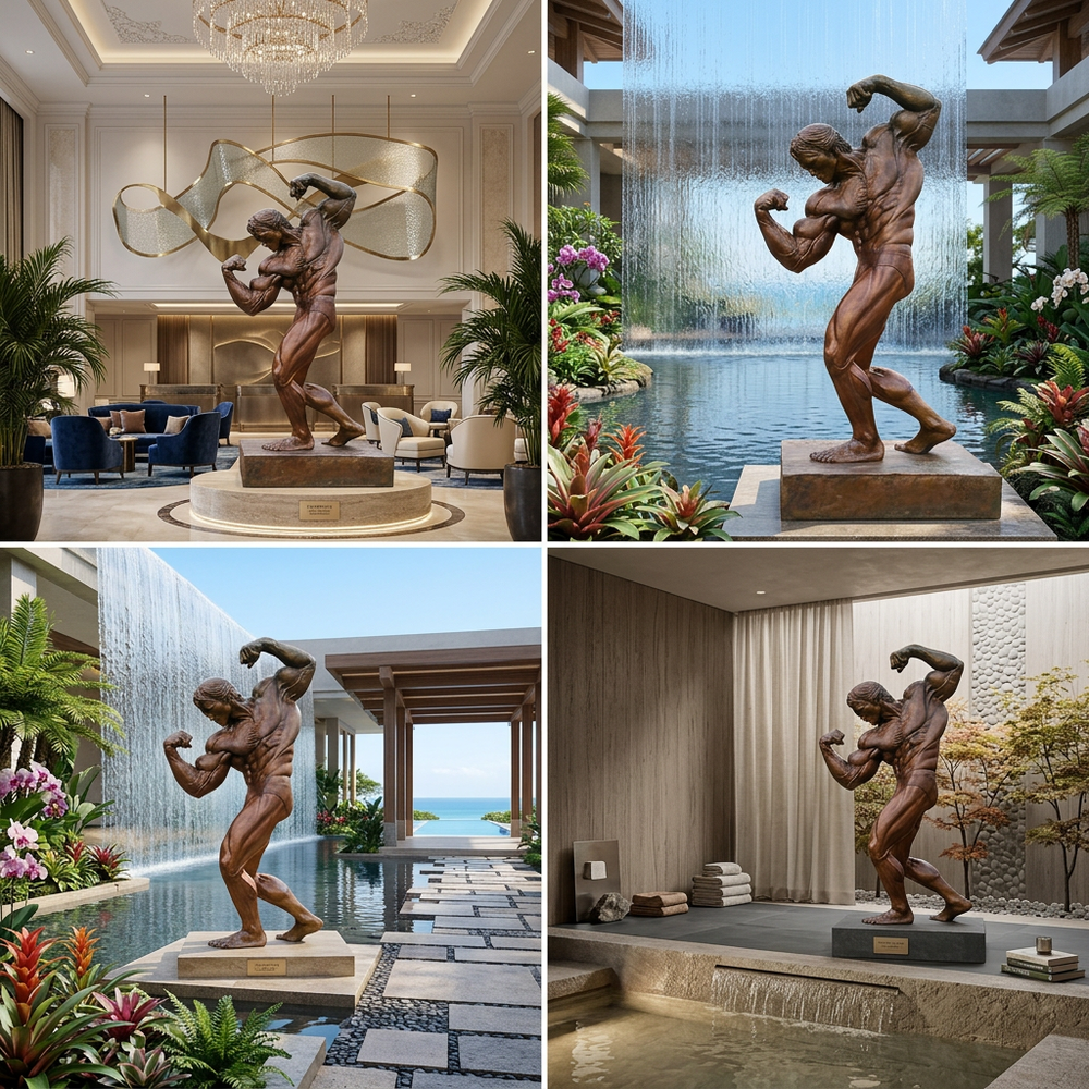 Collage of a bronze statue in various settings including a hotel lobby, by a pool, and in a garden.