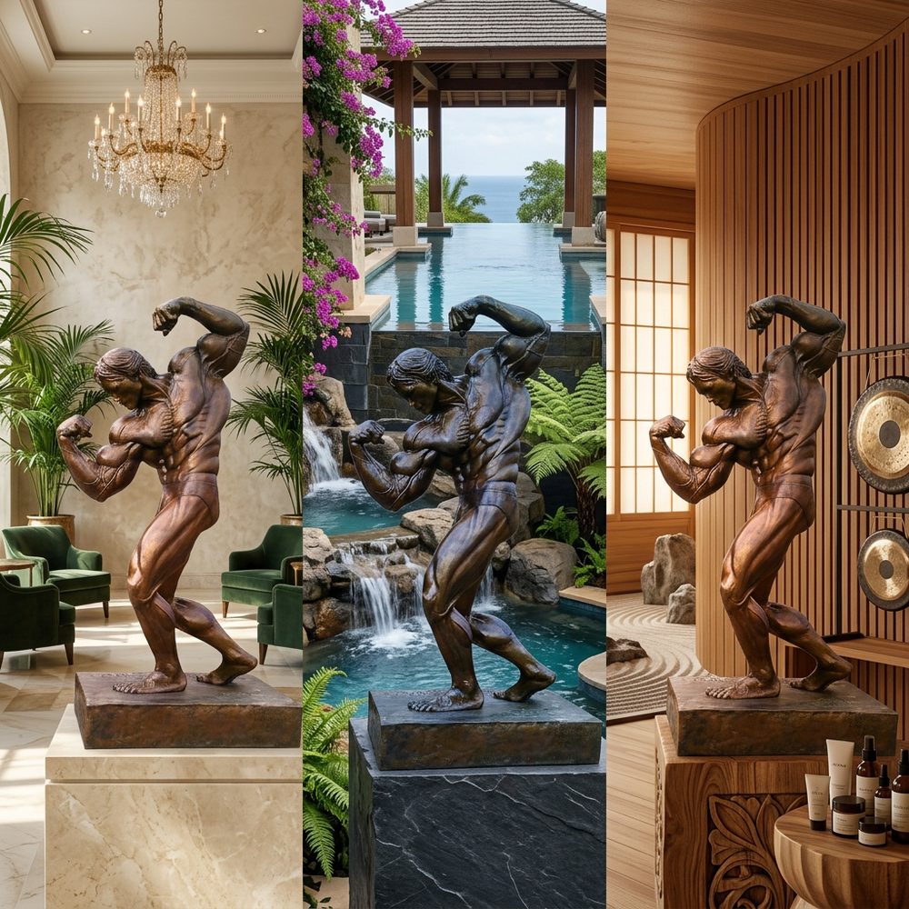 Bronze statue of a muscular figure in various settings including a lobby, garden, and interior.