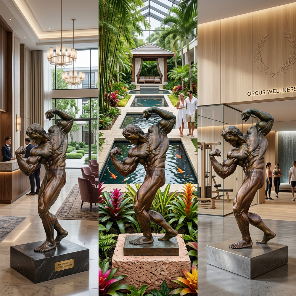 Bronze statues of muscular figures in various settings including a modern interior, tropical garden, and wellness center.