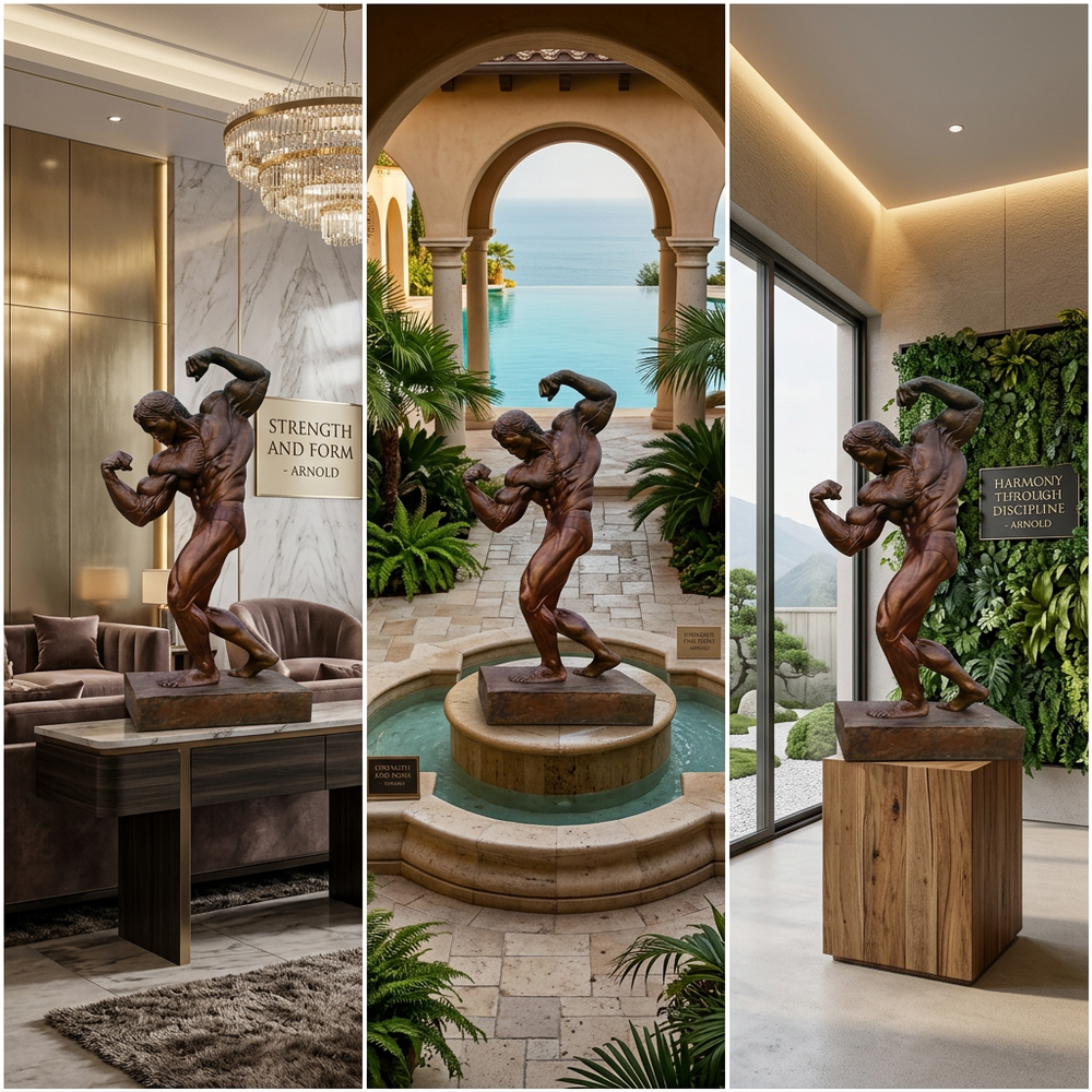 Collage of a bronze sculpture in various settings with text 'Strength and Form'.