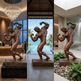Bronze statue of a muscular figure in various settings including a modern interior, pool area, and garden.