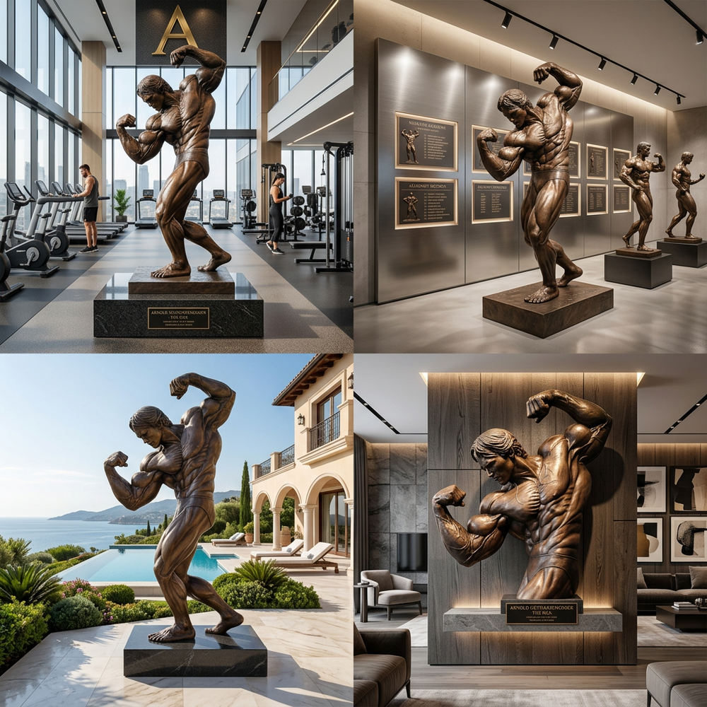 Collage of a bronze statue of a muscular figure in various settings, including a gym and a living room.