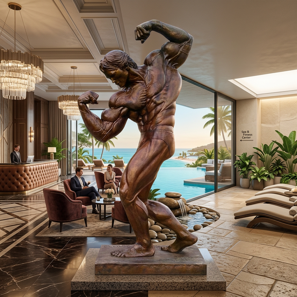 Bronze statue of a muscular figure in a luxurious indoor setting with a pool and ocean view.