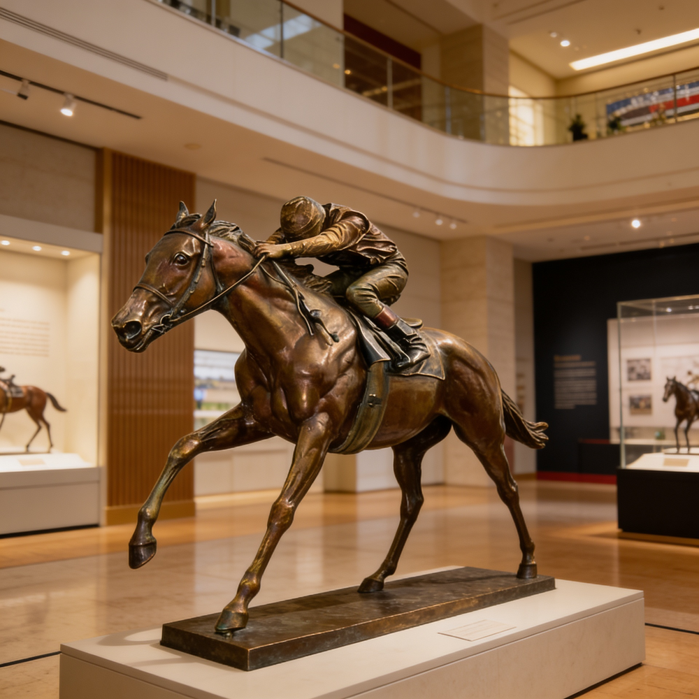 Bronze statue of a horse and rider in a museum setting