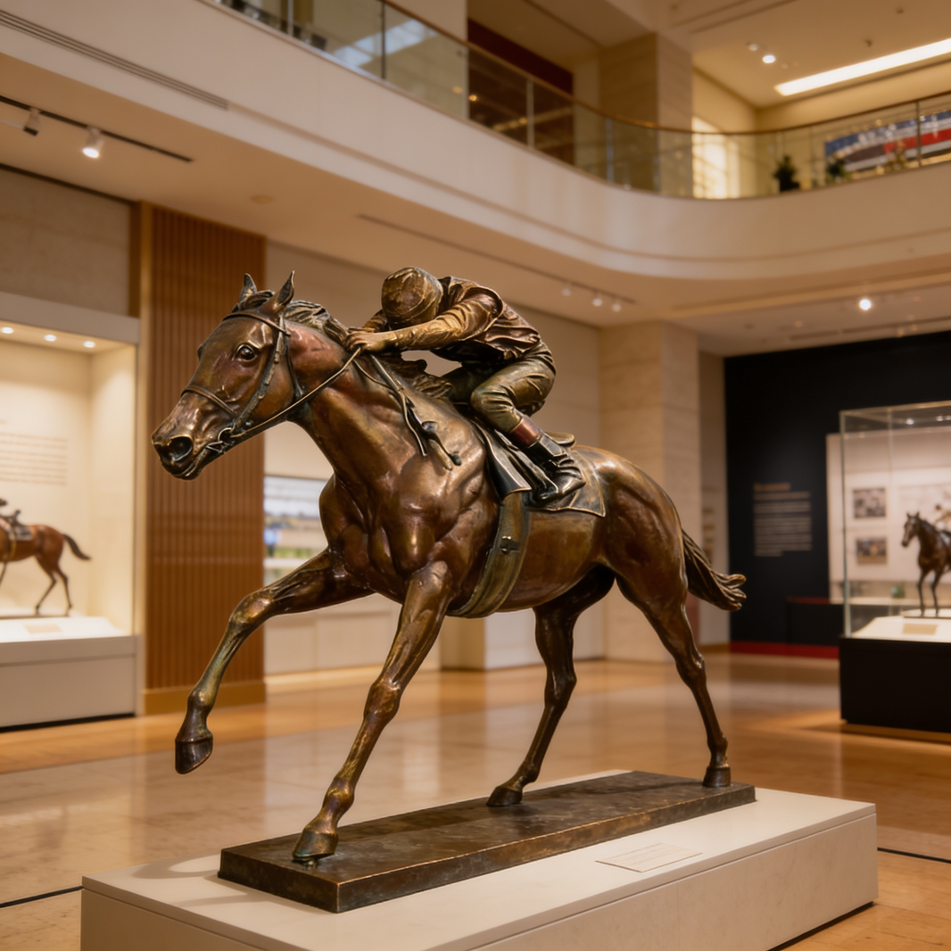 Bronze statue of a horse and rider in a museum setting