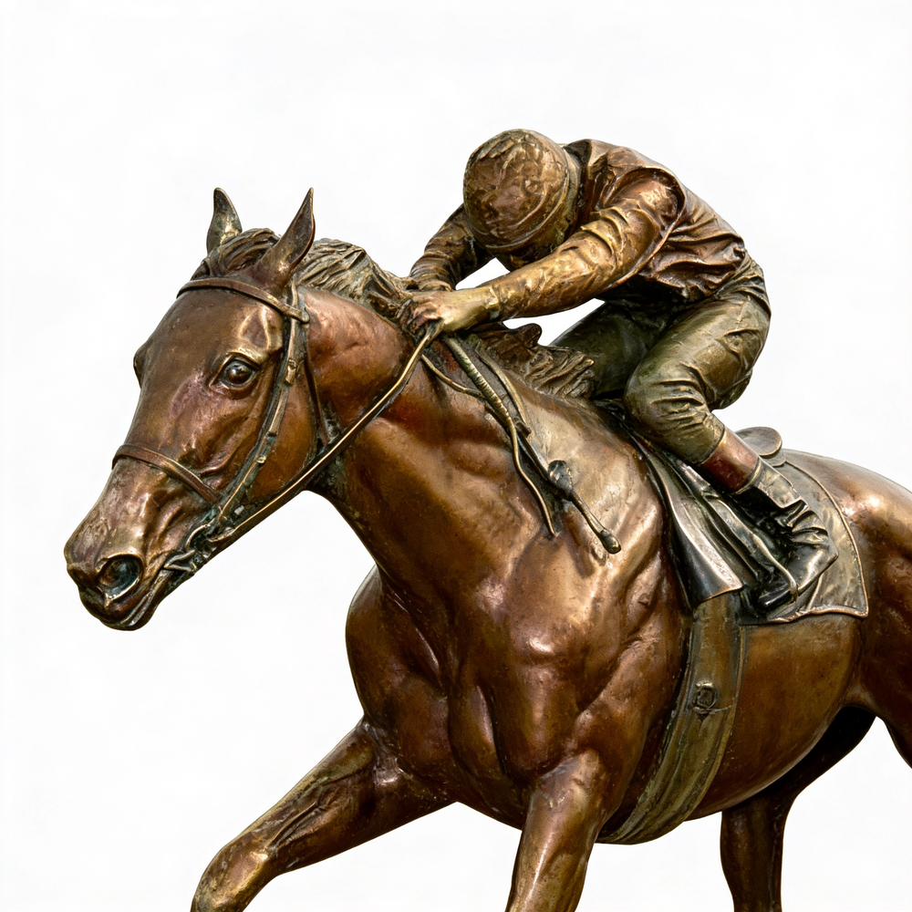 Bronze statue of a horse and jockey on a white background