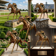 Bronze statue of a horse and jockey in various settings