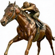 Bronze statue of a horse and jockey in motion on a white background