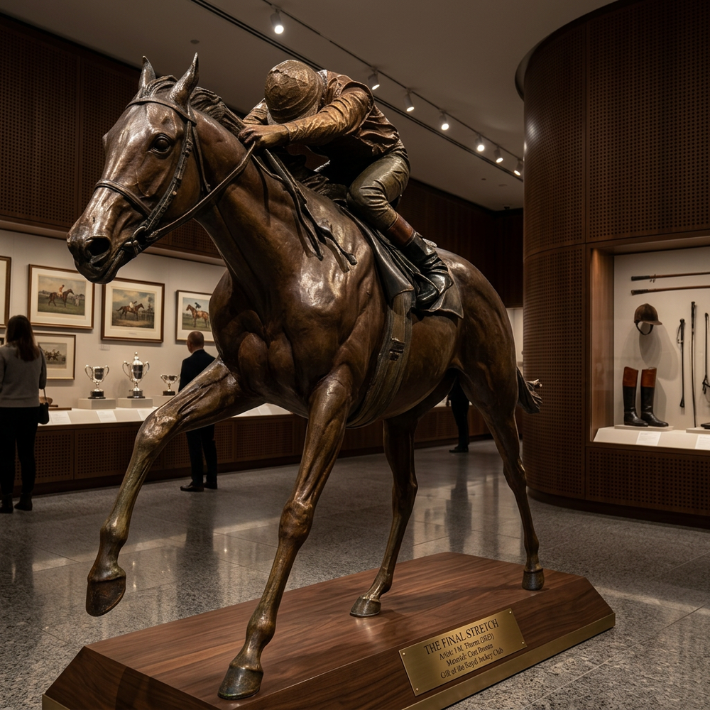 Bronze sculpture of a horse and rider in a museum setting