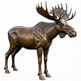 Bronze statue of a moose with large antlers on a white background