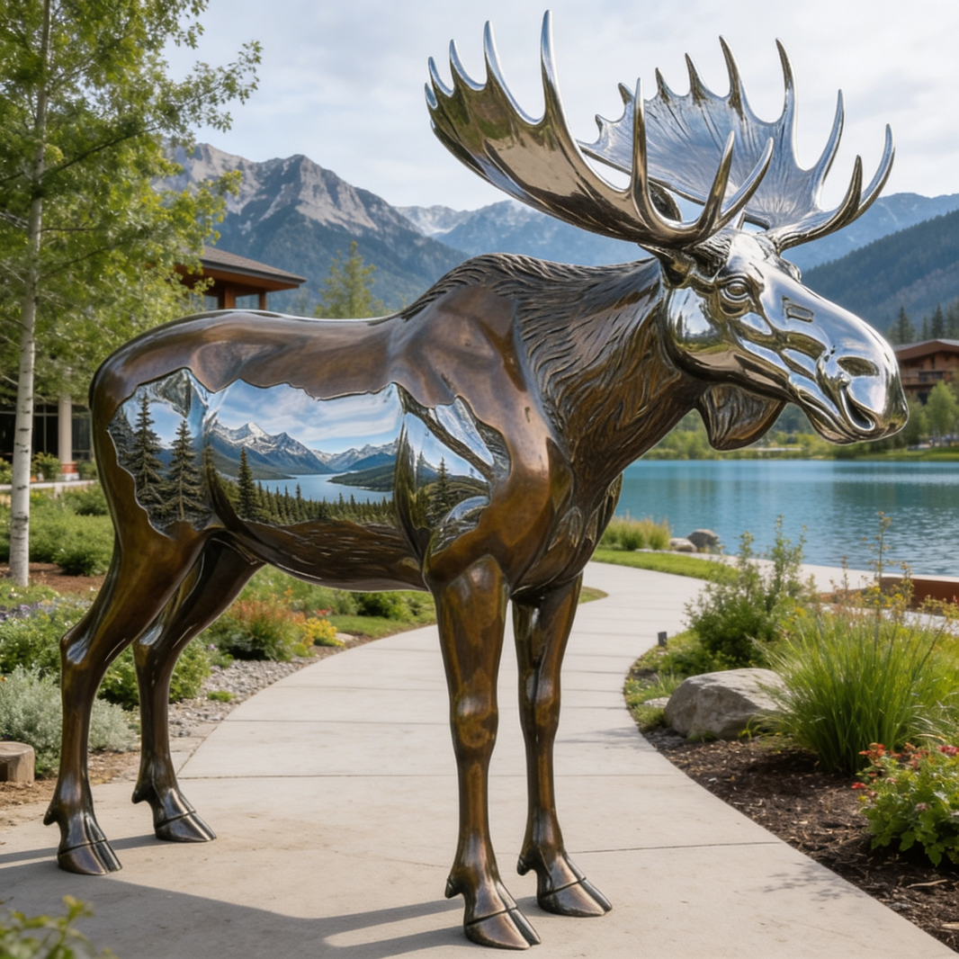 Bronze moose statue with reflective surface in a scenic outdoor setting with mountains and lake.