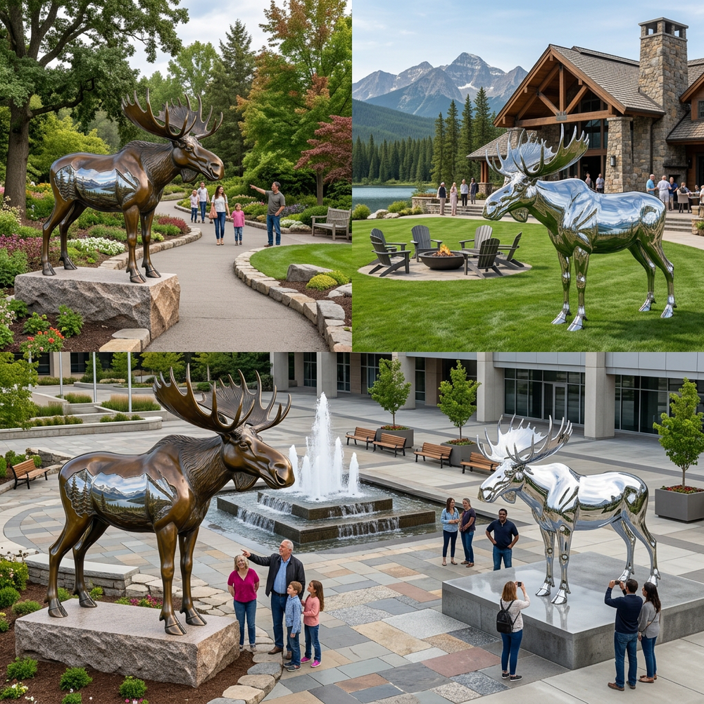 Collage of moose statues in various outdoor settings with people around.
