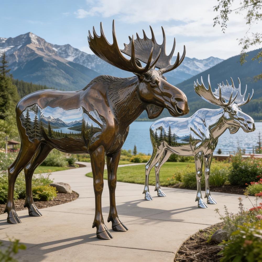 Bronze and silver moose statues with a mountain and lake background