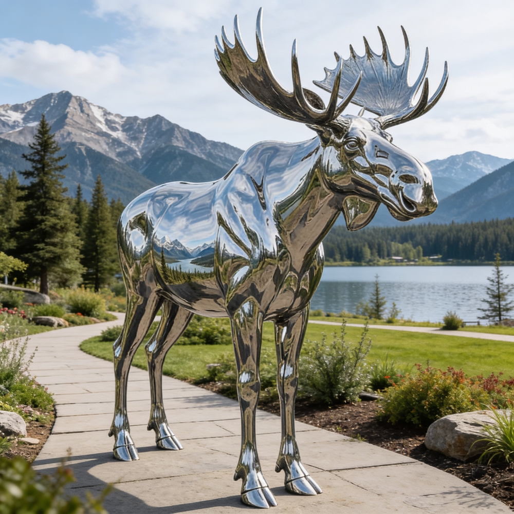 Reflective moose sculpture on a pathway with mountains and lake in the background