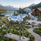 Metallic moose sculpture in a scenic outdoor setting with mountains and a lake.