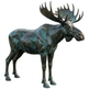 Bronze statue of a moose with large antlers on a white background