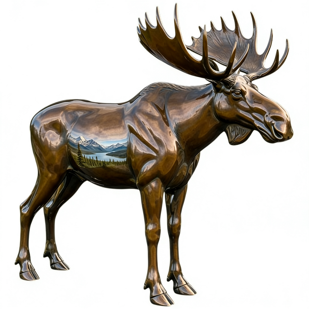 Bronze moose statue with a scenic reflection on a white background