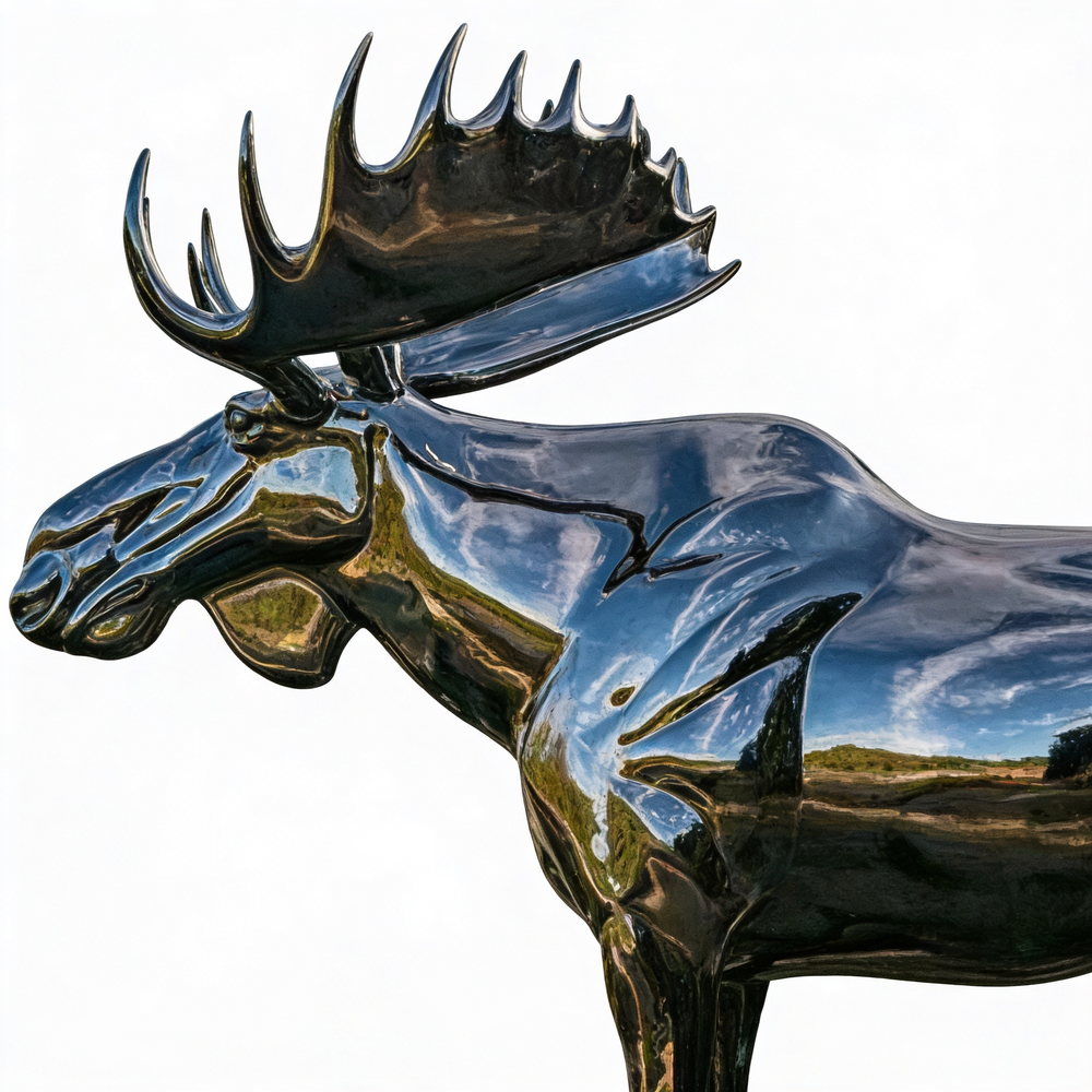 Metallic moose emblem with a reflective surface on a white background