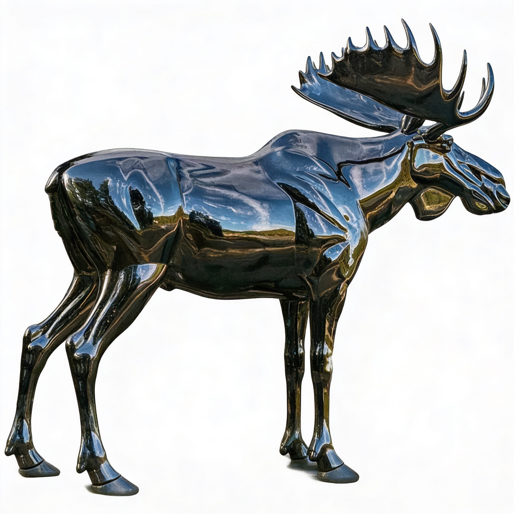 Metallic moose statue on a white background
