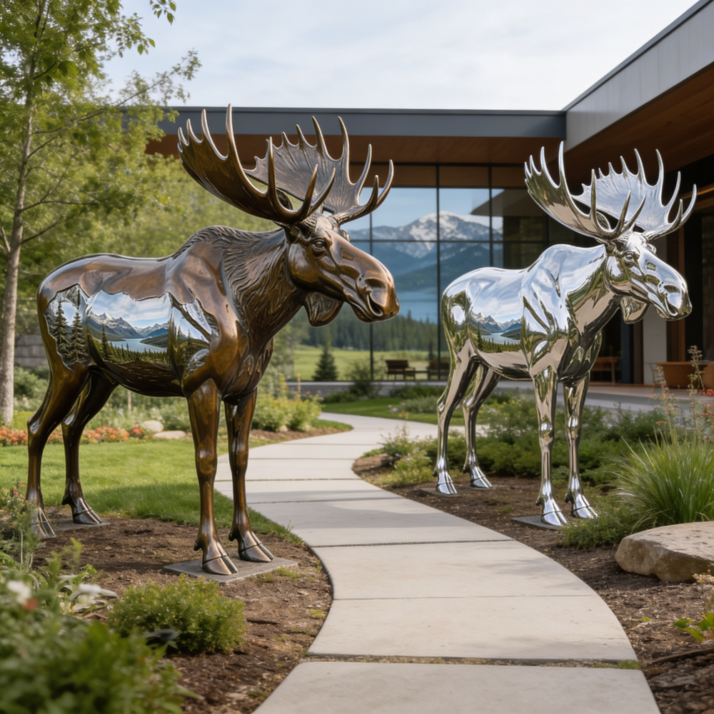 Two moose statues, one bronze and one silver, on a pathway with a building and mountain view in the background.