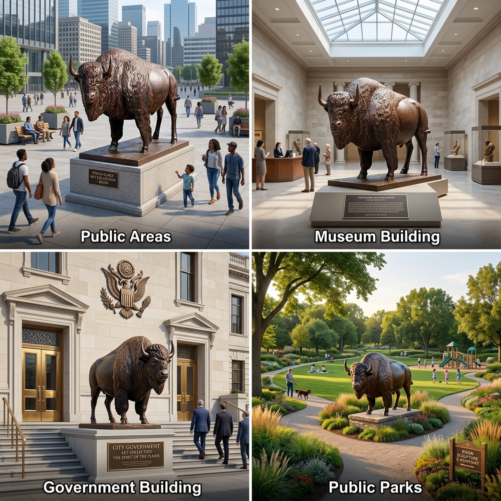 Collage of a large bronze statue of a bison in various settings: public areas, museum building, government building, and public parks.
Metal wildlife sculpture of a bison with realistic anatomy and strong presenc