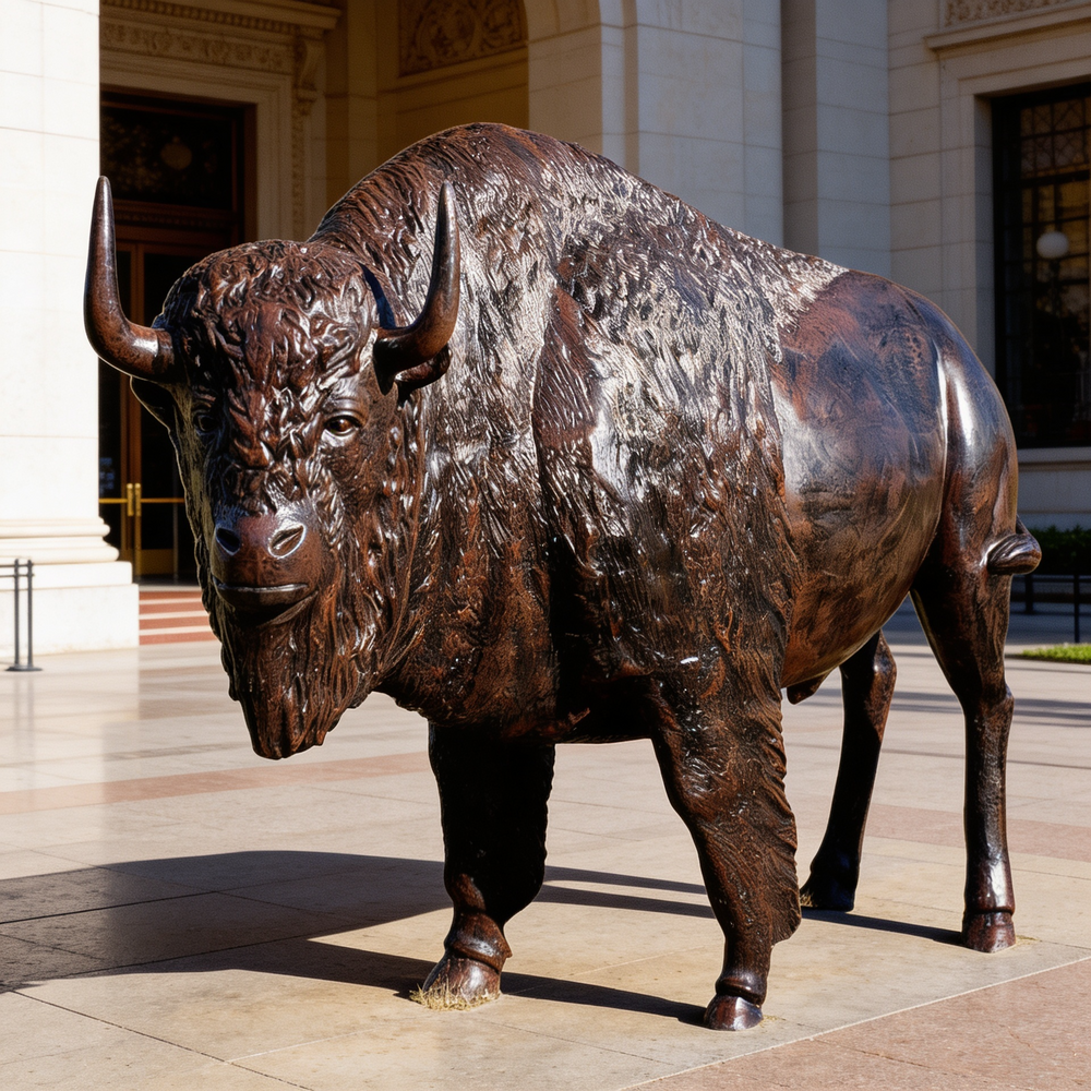 Contemporary bronze‑tone bison artwork with textured body and bold stance