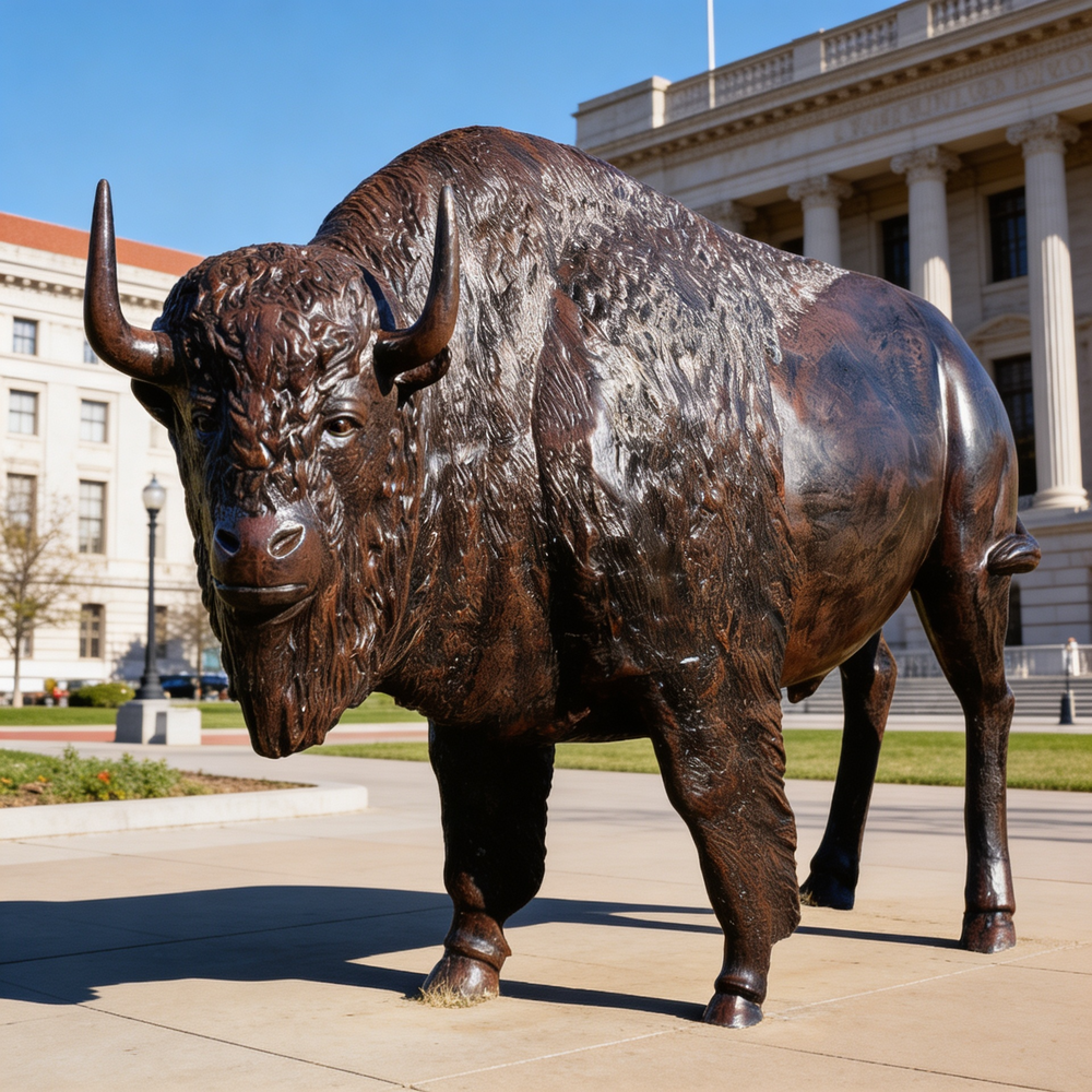 Bronze statue of a bison in front of a building with columns
Detailed metal bison statue featuring lifelike musculature and polished dark finish