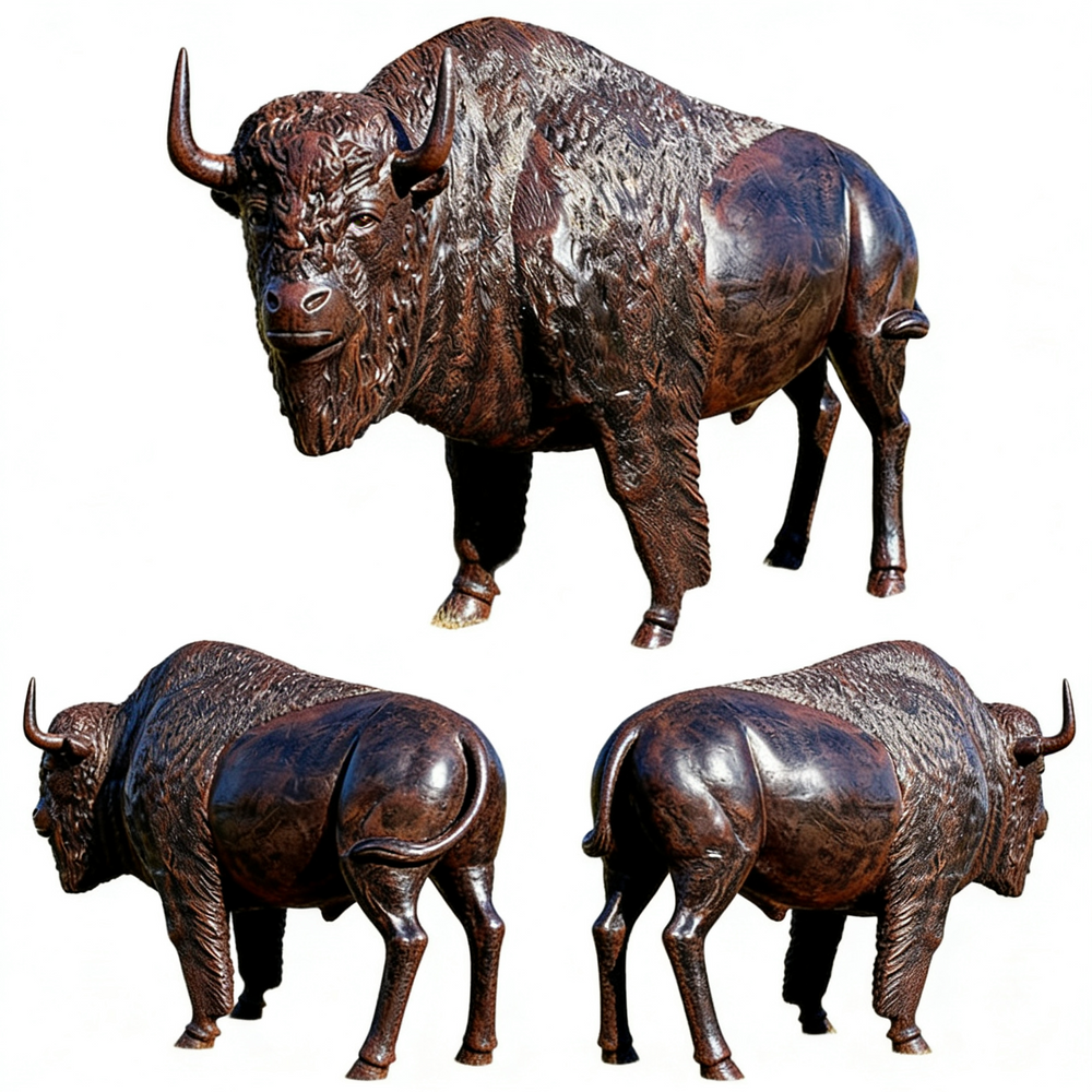Textured metallic bison sculpture with lowered head and forward‑leaning posture