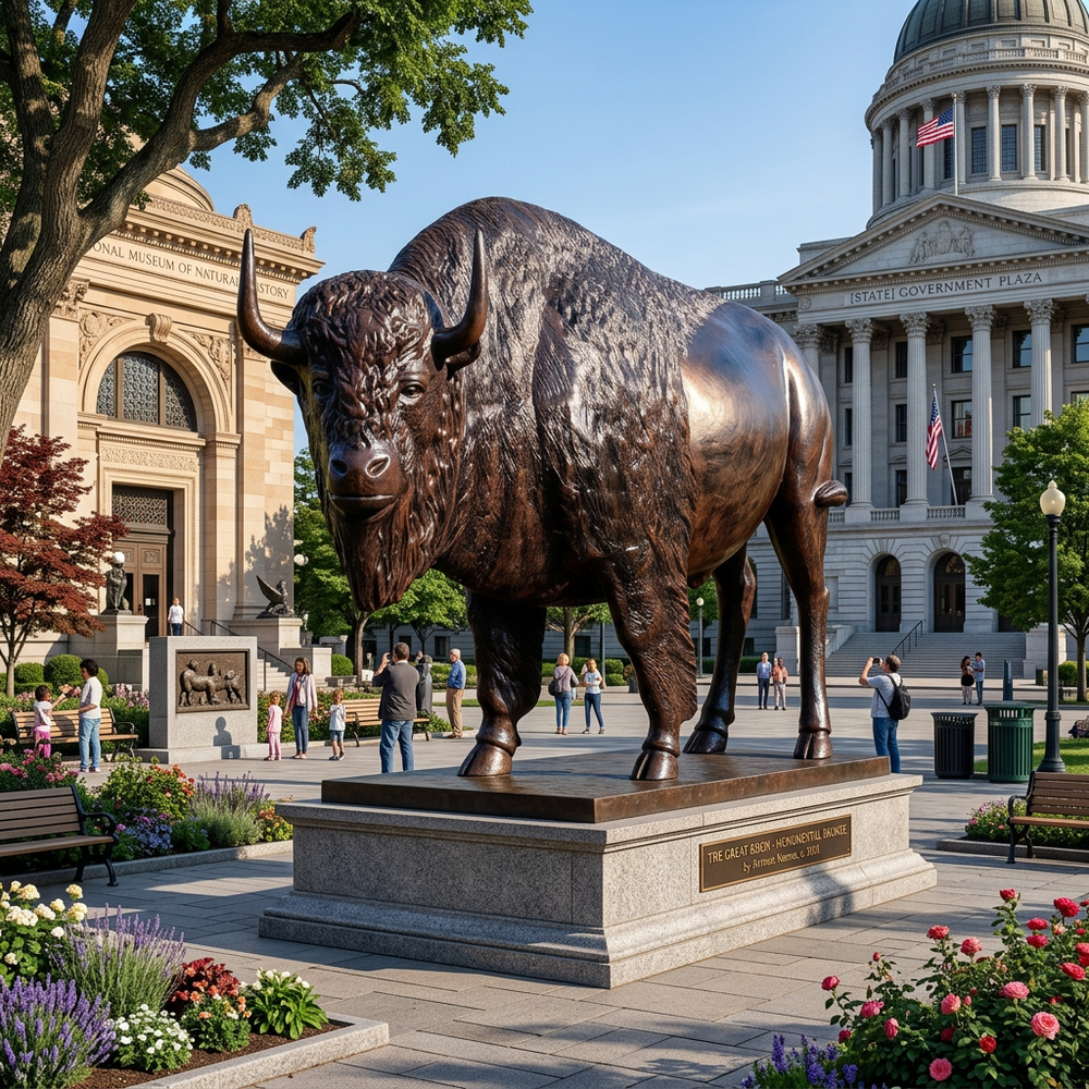 Contemporary bronze‑tone bison artwork with textured body and bold stance