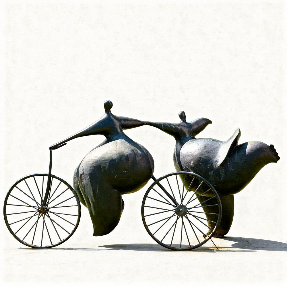 Bronze sculpture of two figures on a bicycle against a white background