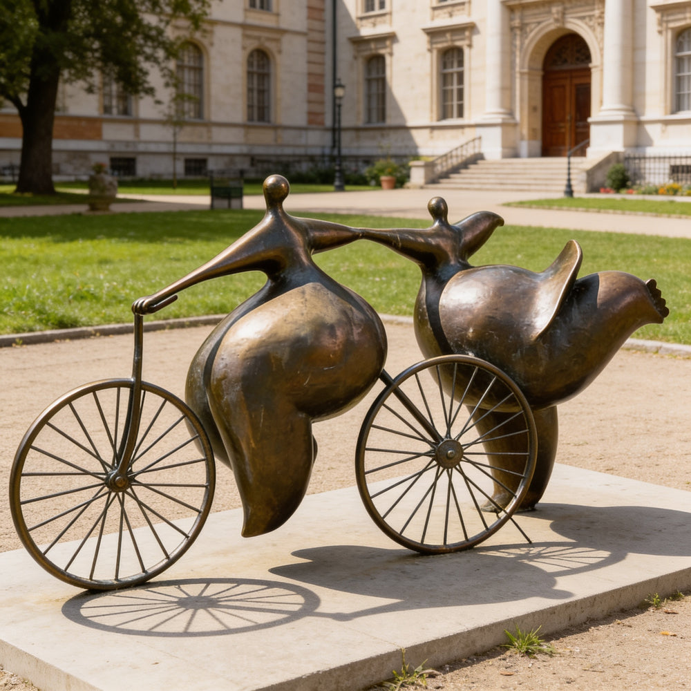 Bronze sculpture of two people on a bicycle in front of a building