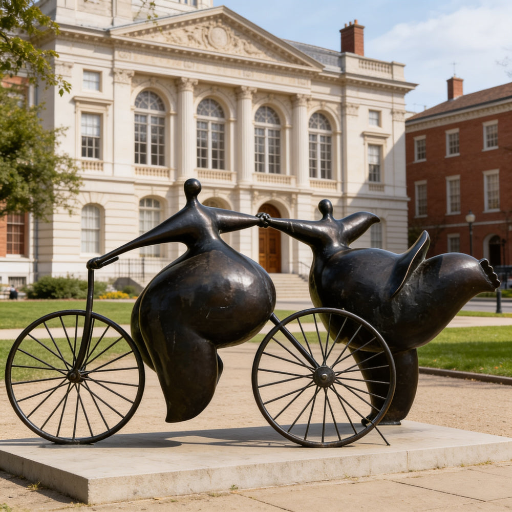 Bronze abstract sculpture of two stylized human figures riding bicycles, featuring rounded forms and dynamic motion