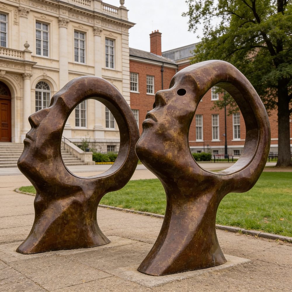 Bronze abstract sculpture featuring two elongated head forms with smooth curves and hollow circular openings, displayed side by side