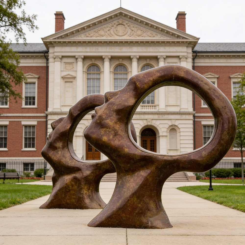 Contemporary abstract artwork of paired bronze head forms with minimalist hollow openings