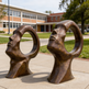 Bronze sculptures of faces with circular designs on a sidewalk in front of a school building.
