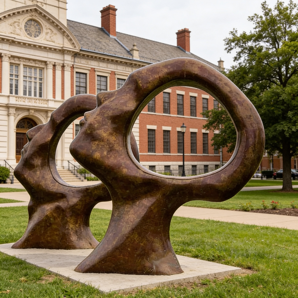 Dual‑figure bronze sculpture with fluid curves and circular voids representing open‑mind concepts