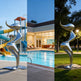 Collage of a silver sculpture in front of a pool, building, and park.