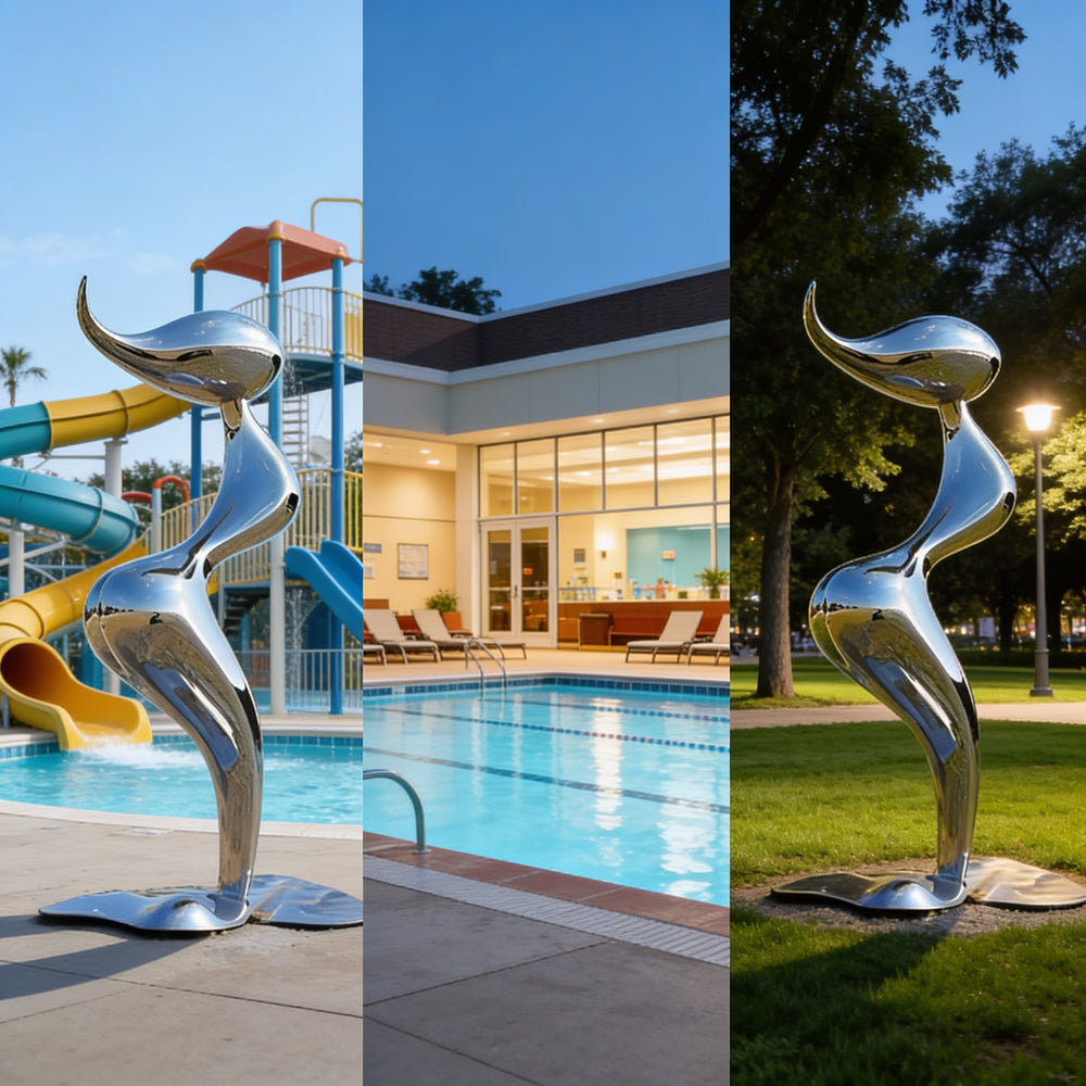 Collage of a silver sculpture in front of a pool, building, and park.