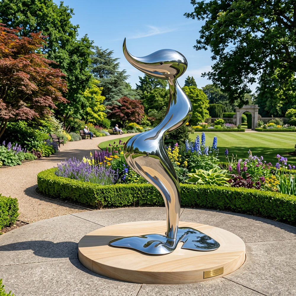 Silver sculpture in a garden setting with greenery and flowers