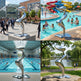 Collage of a silver sculpture in various outdoor settings including a pool area, park, and building.