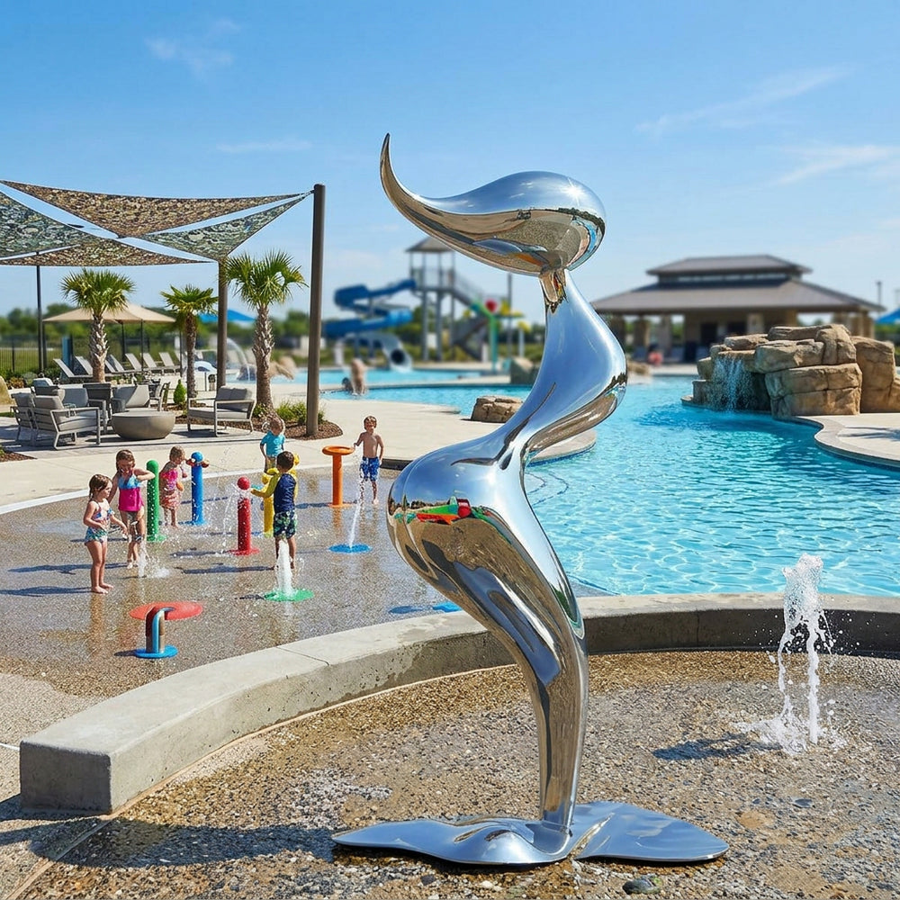 Metallic sculpture by a pool with children playing in the background