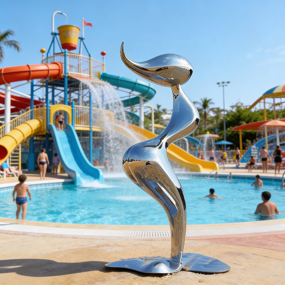 Metallic sculpture in front of a water park with slides and people in the pool.