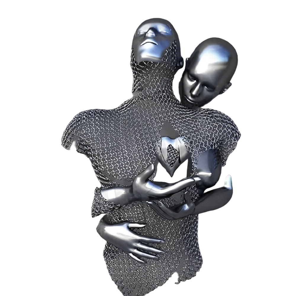 Metallic sculpture of two abstract figures embracing on a white background