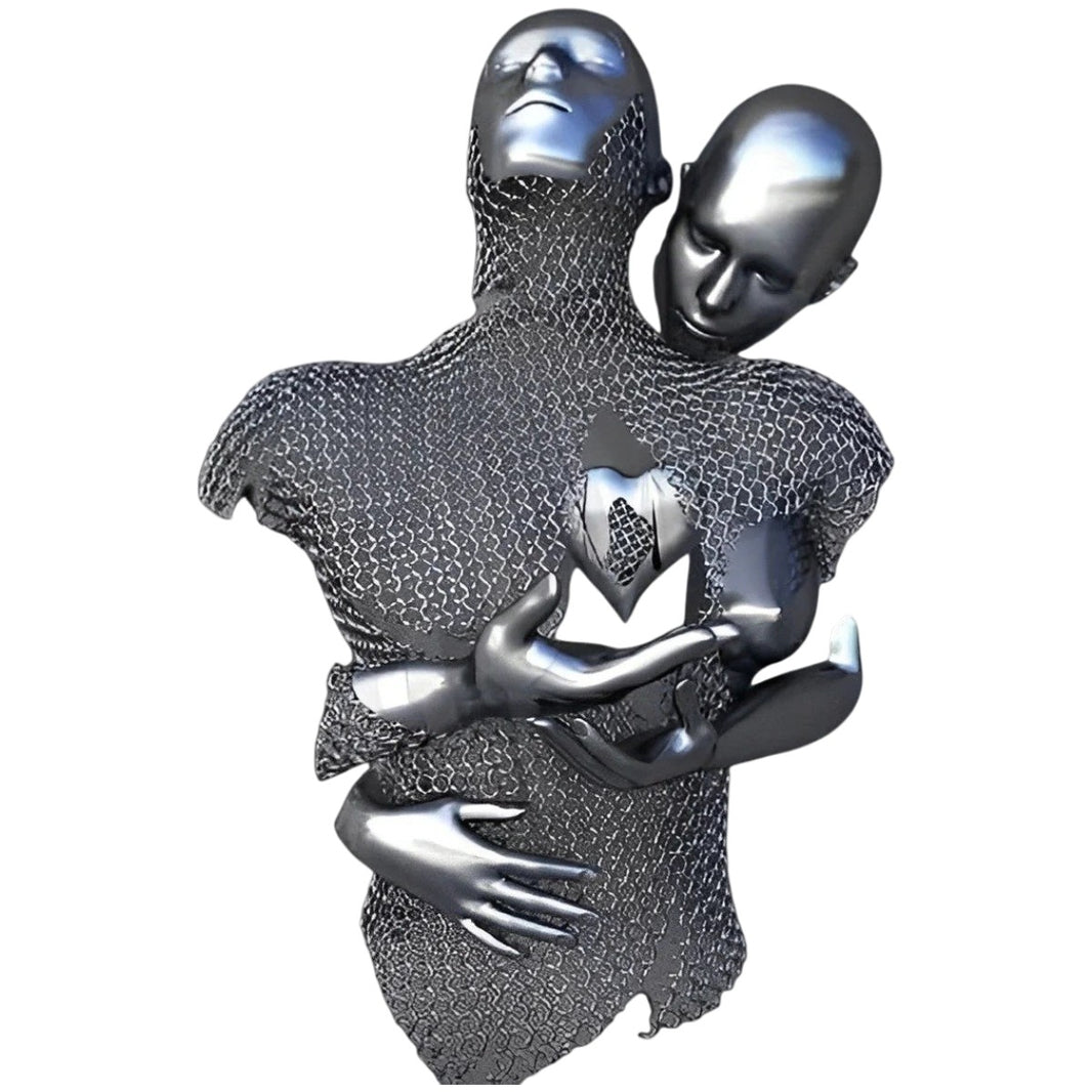 A sculpture of two humanoid figures embracing, made with chainmail and polished metal.