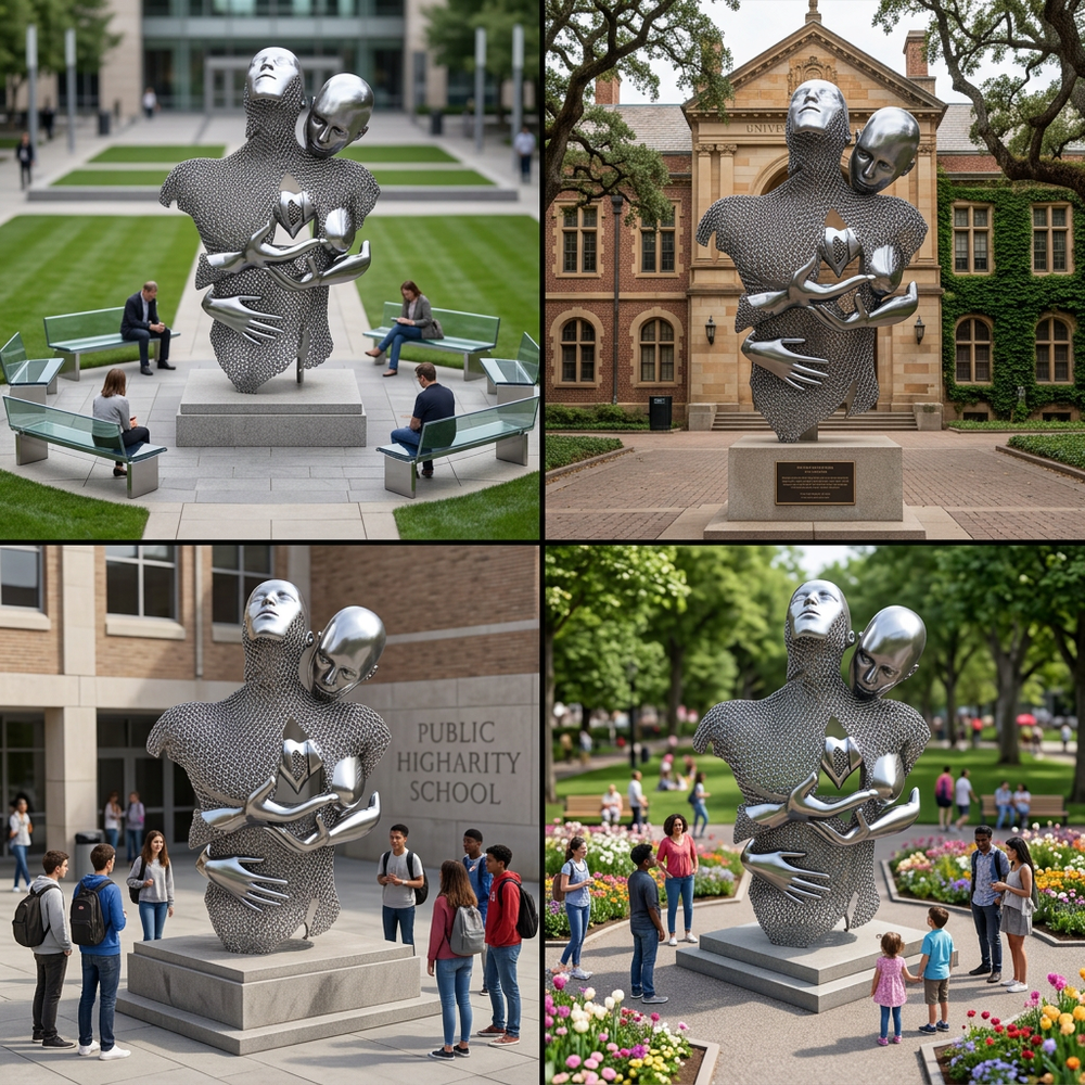 Collage of a modern sculpture in various outdoor settings with people around.