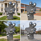 Collage of a metal sculpture of two embracing figures in front of different buildings.